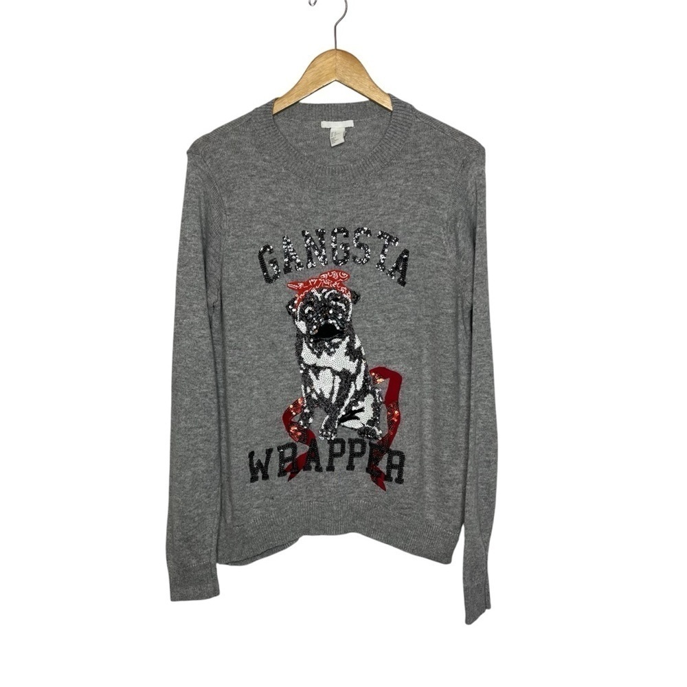H&M Women's Medium Angora Blend Pug Dog Gangsta Wrapper Pullover Sweater Grey